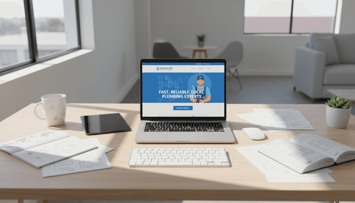 Designer working on a professional website design for local service business on laptop